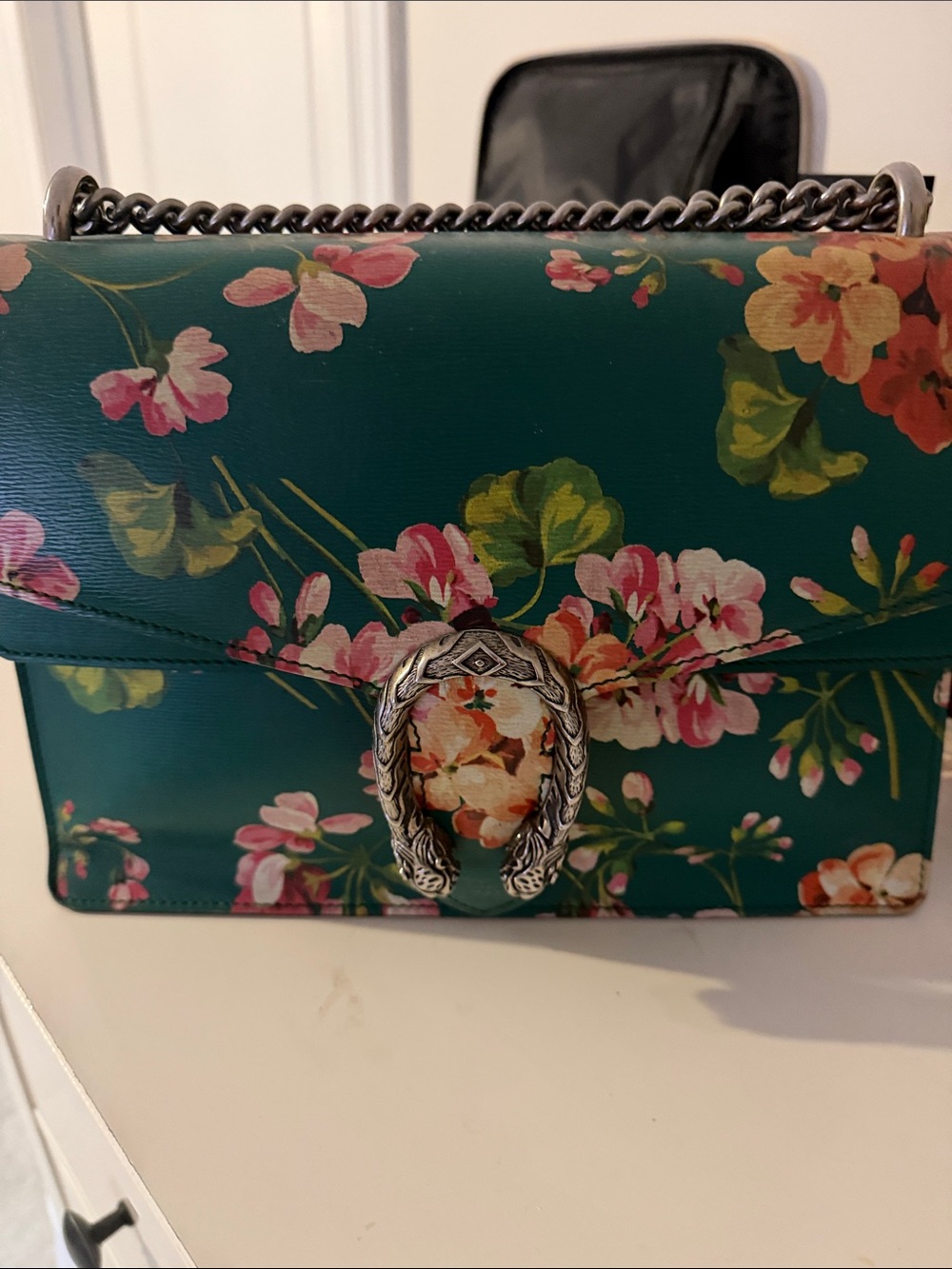 Gucci Green Floral Crossbody Bag with Silver Chain